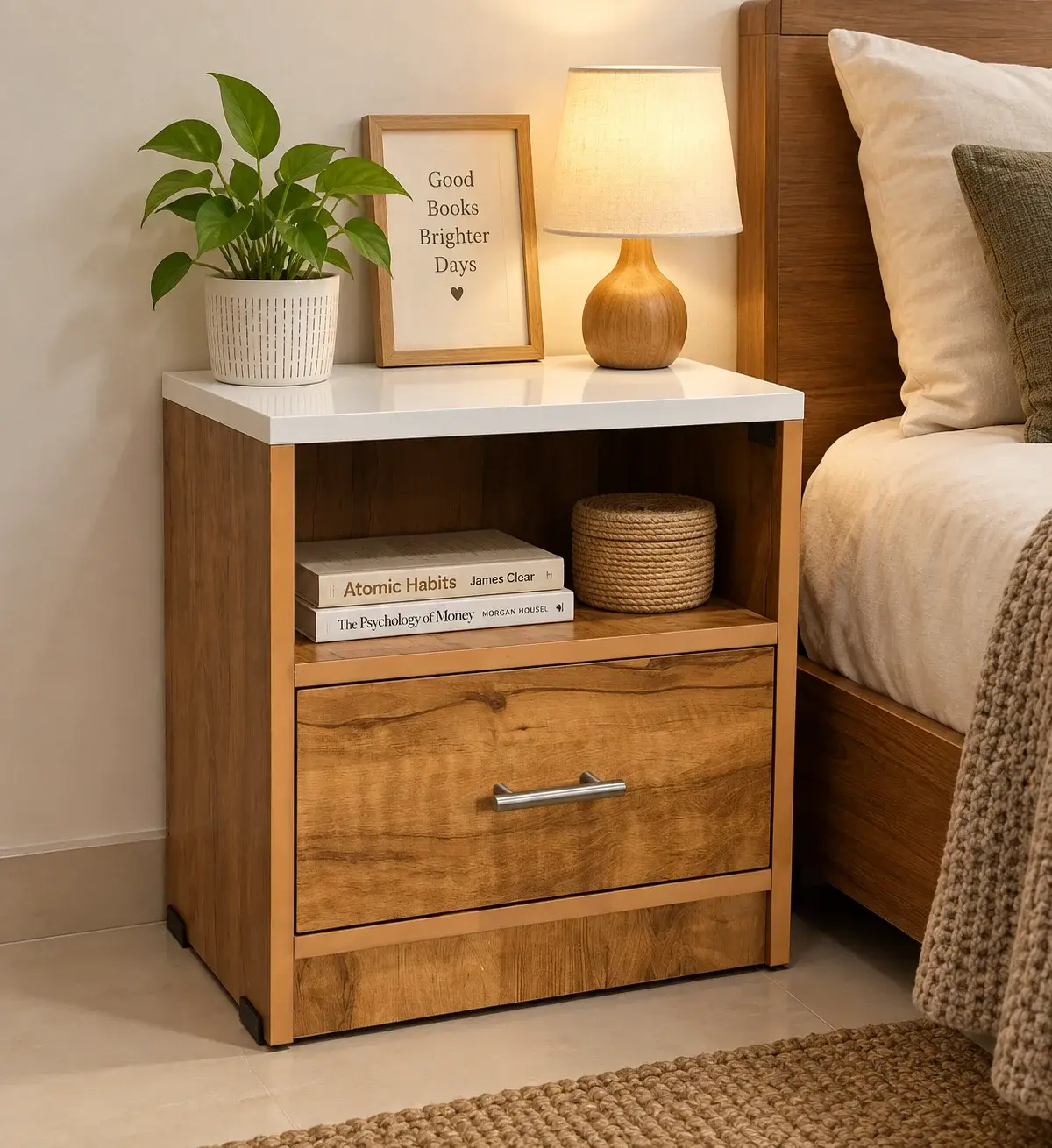 Modern Wooden Bedside Table with Drawer & Open Shelf