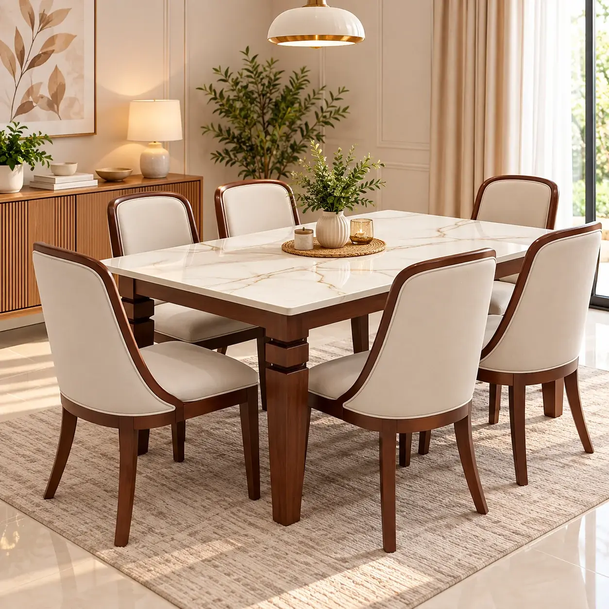 Modern 6 Seater Dining Table Set with 6 Chairs – Premium Saagwood & Ceramic Top