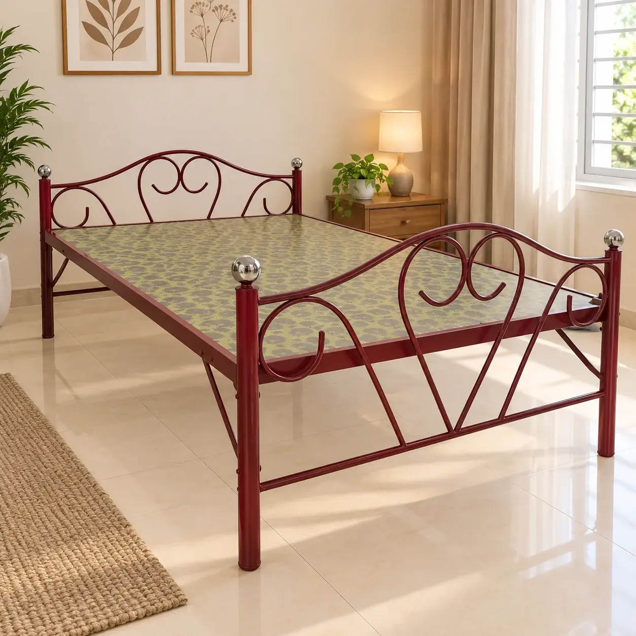 Maroon Metal Single Bed 6x4 Feet with Decorative Headboard, Footboard & Durable Metal Frame