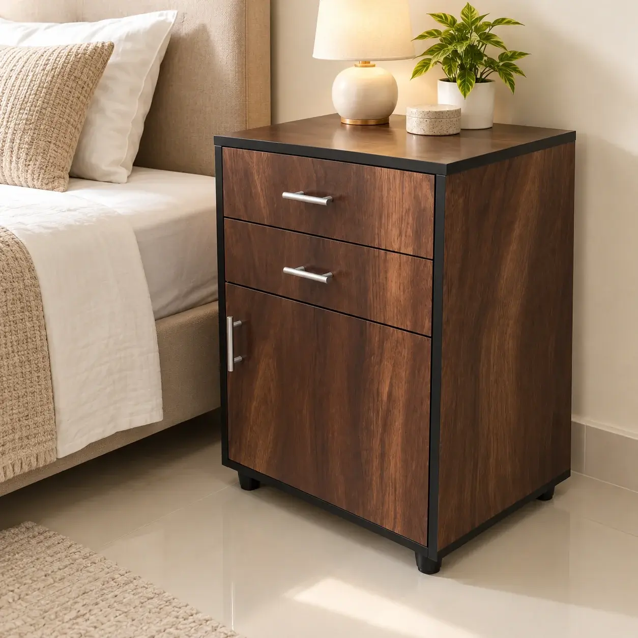 Dark Walnut Bedside Table with 2 Drawers, Storage Cabinet & Castor Wheels for Bedroom