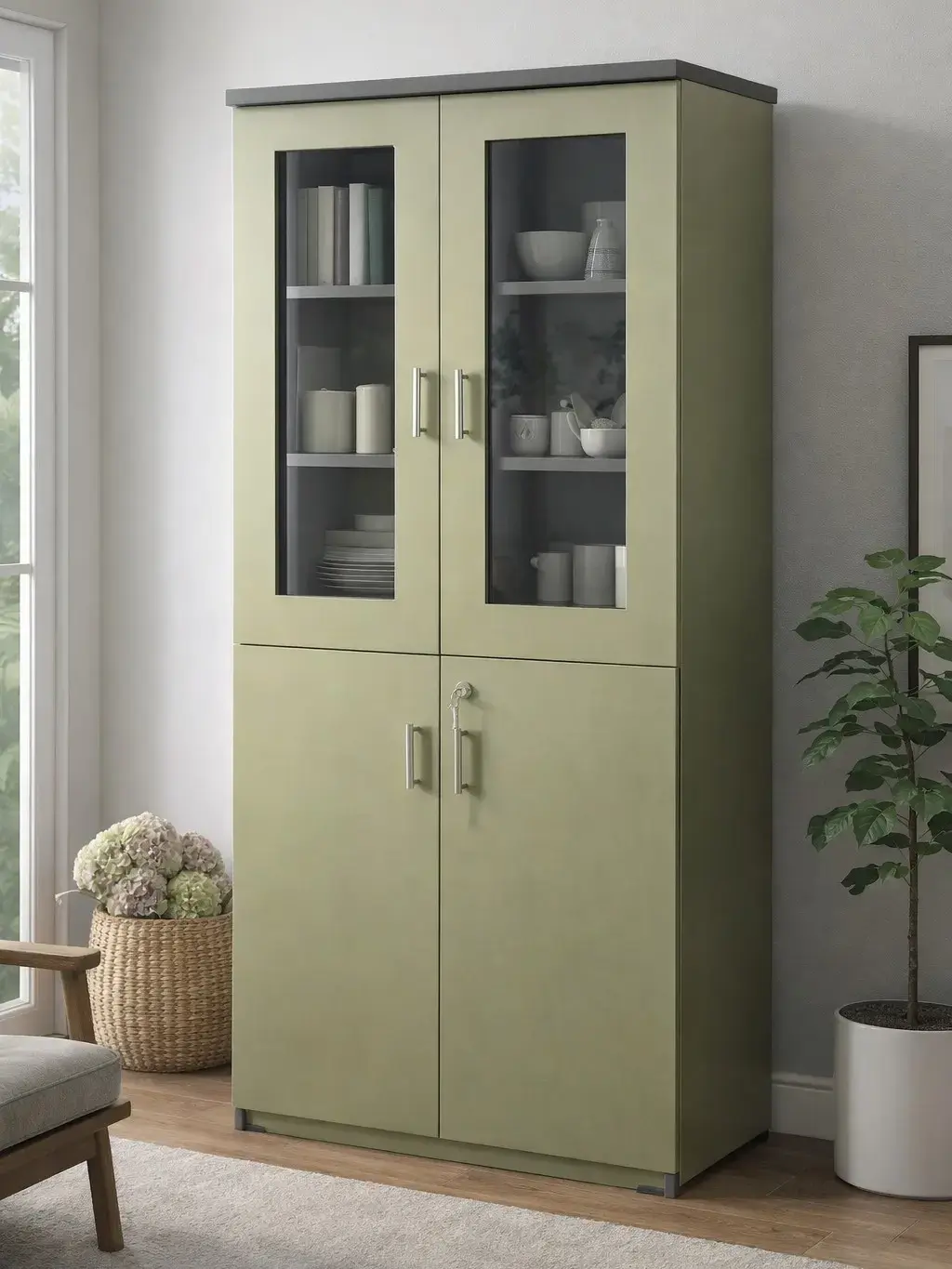 Tall Kitchen Storage Cabinet with Glass Display Perfect for Jars Crockery and More