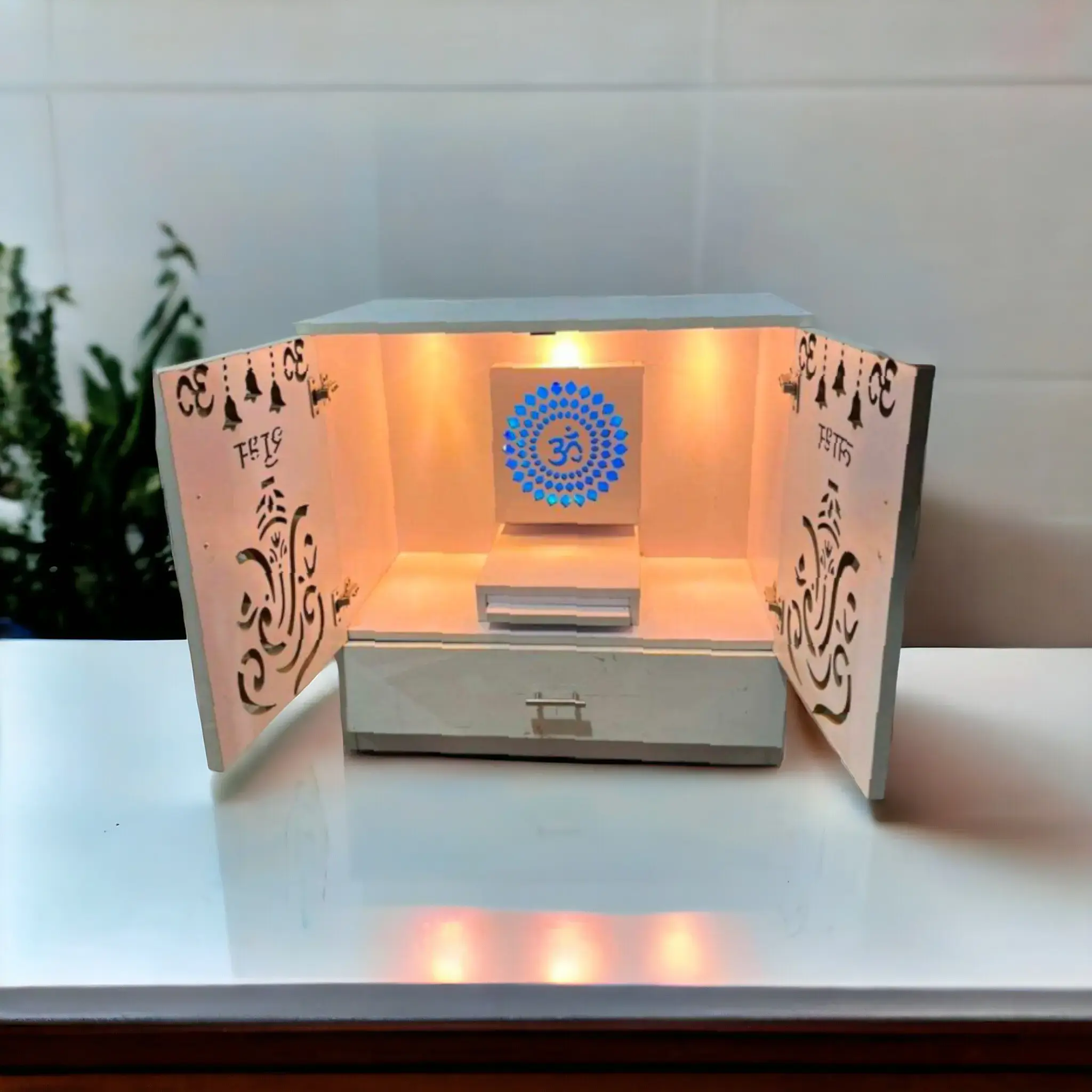 "Home Temple in White Finish | Ganesh Motif | Shubh Labh Carving | 30 Inch Pooja Ghar"