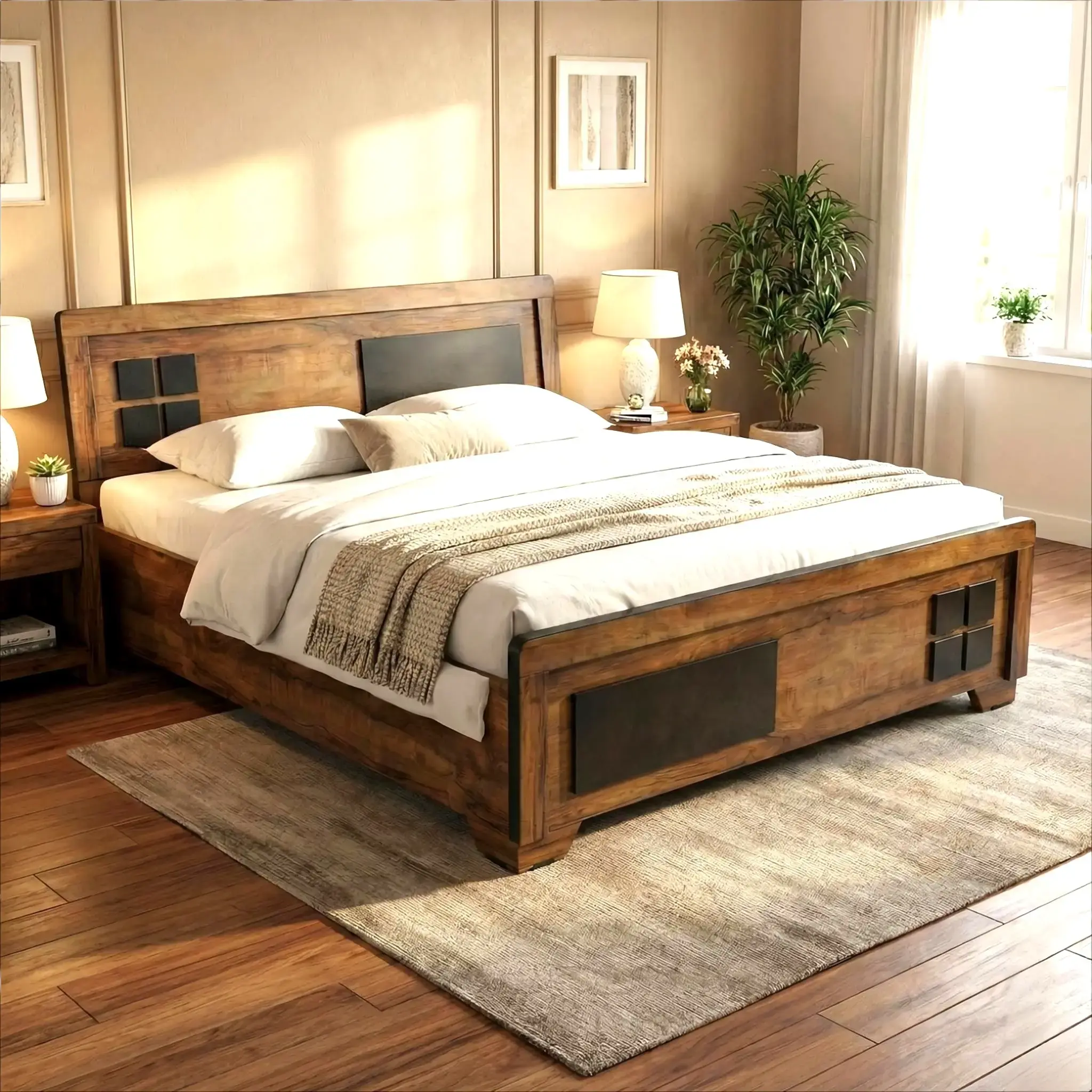 Premium Engineered Wood Queen Bed with Rustic Walnut Finish Modern Geometric Headboard