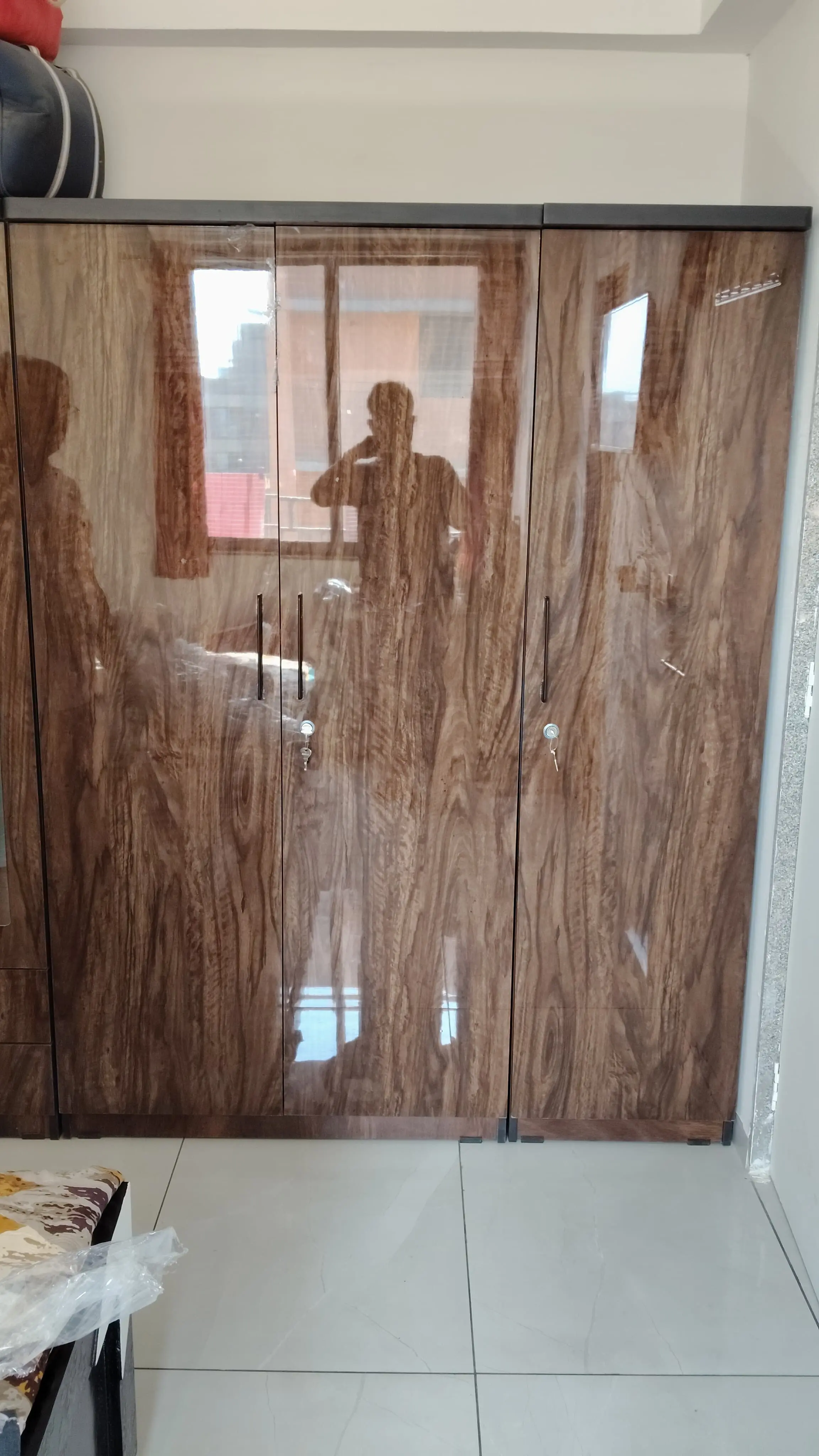 Modern 3-Door Glossy Wood Finish Wardrobe