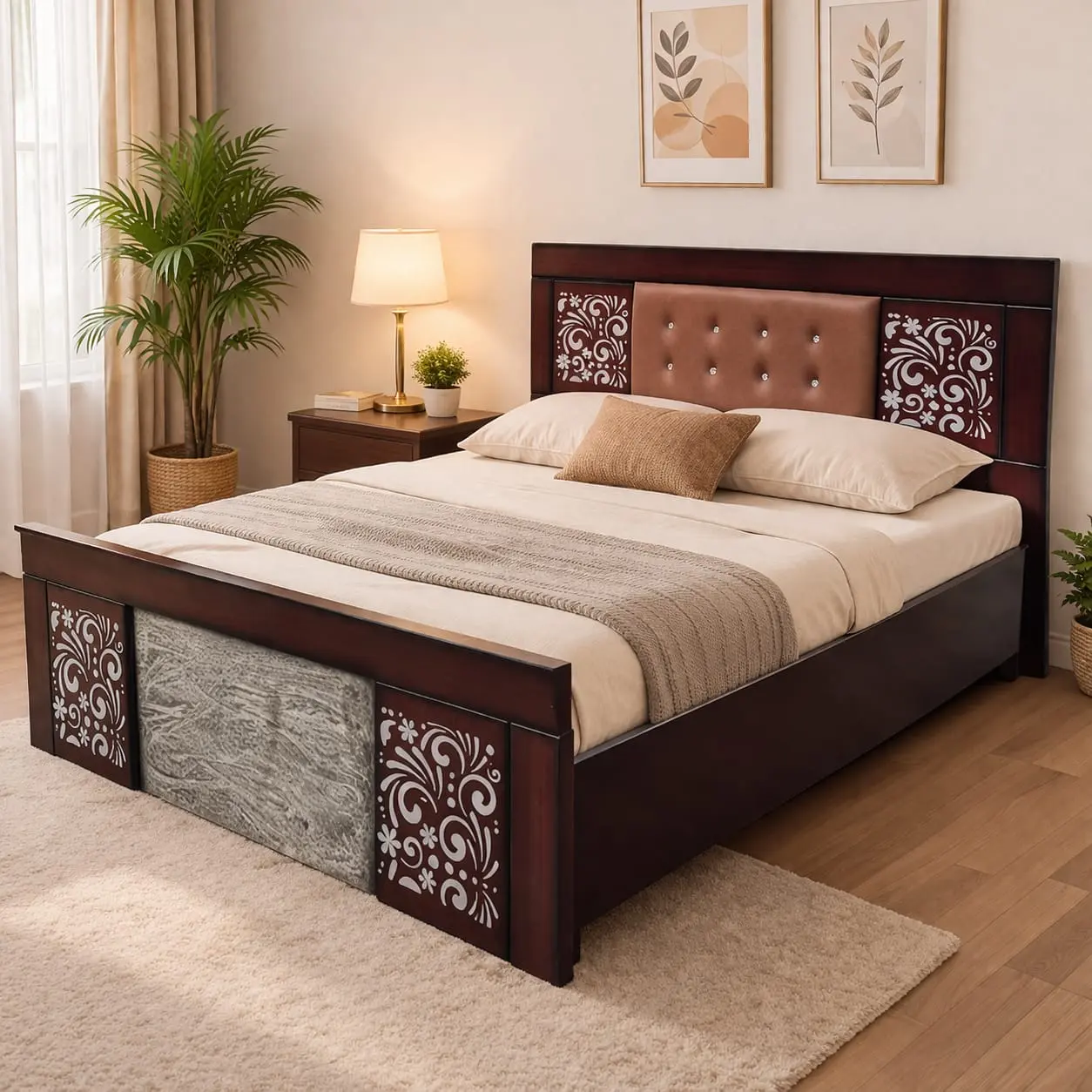 Modern Queen Size Plywood Bed with Cushion Backrest